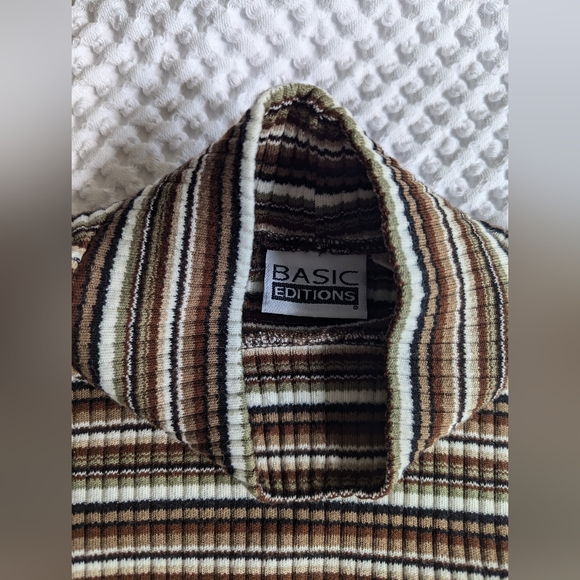 🎩 Basic Editions Mockneck Brown and Green Striped Top - Vintage - Picture 3 of 7